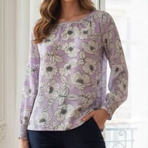 Cabi Lavender Black White Poppy Blouse Style #6298 Sz S Sheer Flowy Long Sleeve